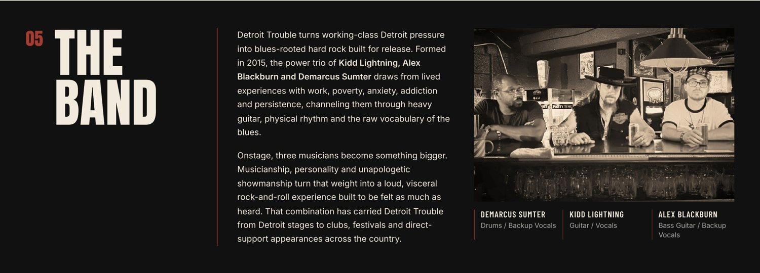 The Band section of the final EPK: the artist story beside a bar-room portrait of Demarcus Sumter, Kidd Lightning and Alex Blackburn.