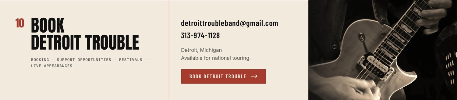 The Book Detroit Trouble section of the final EPK, with the booking email, phone number, location and a booking button.