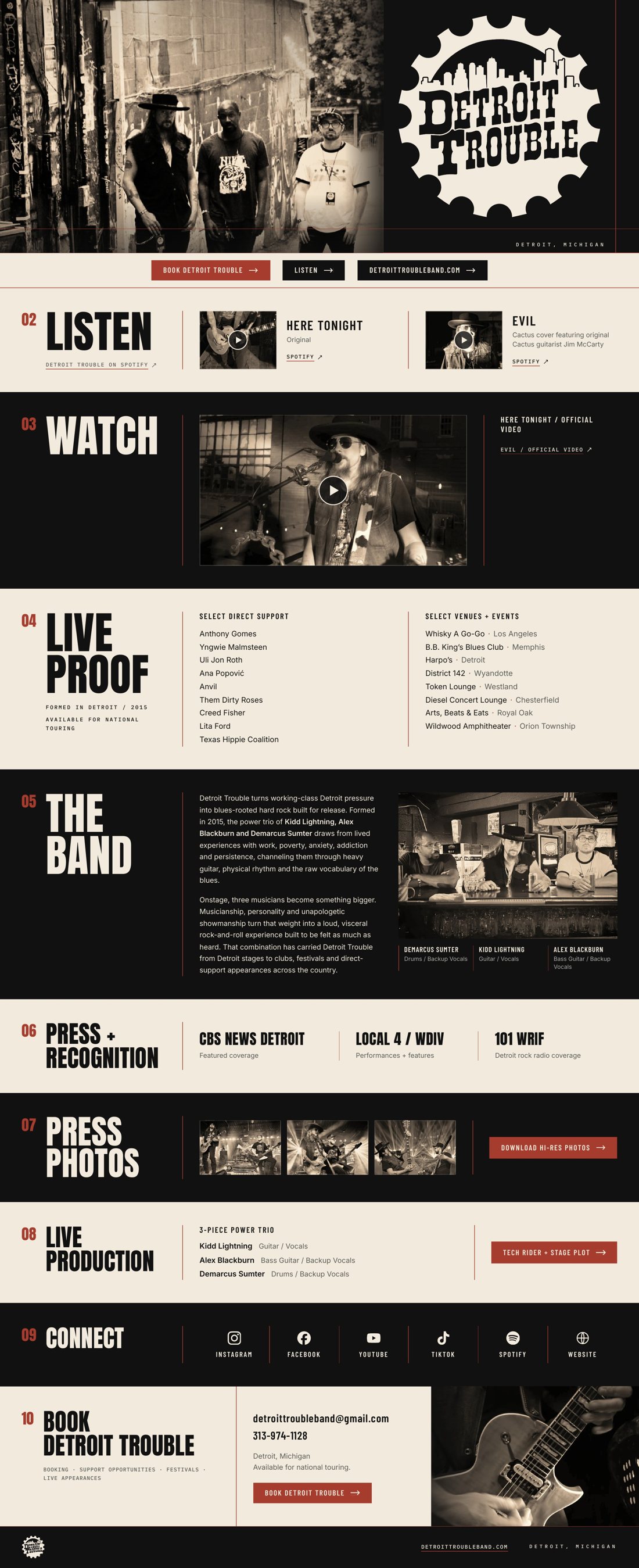 The complete one-page Detroit Trouble EPK, from the alley hero image through Listen, Watch, Live Proof, The Band, Press, Press Photos, Live Production, Connect and Book.