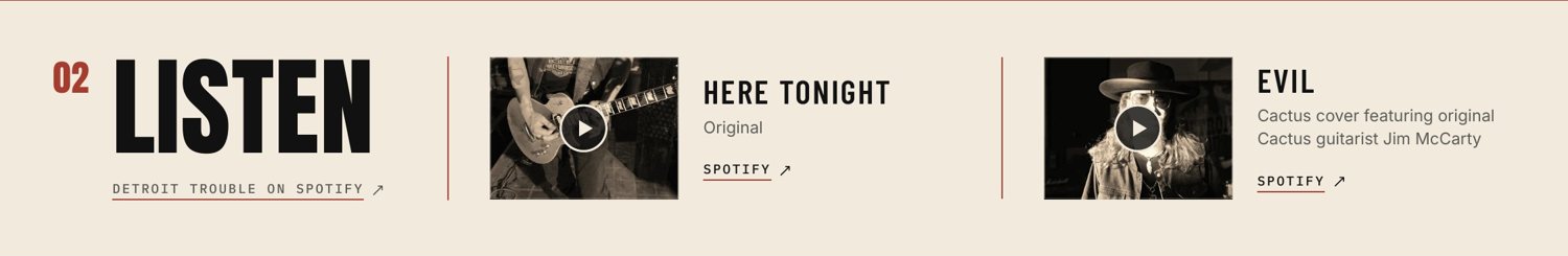 The Listen section of the final EPK, featuring Here Tonight (an original) and Evil (a Cactus cover featuring original Cactus guitarist Jim McCarty), with links to Spotify.