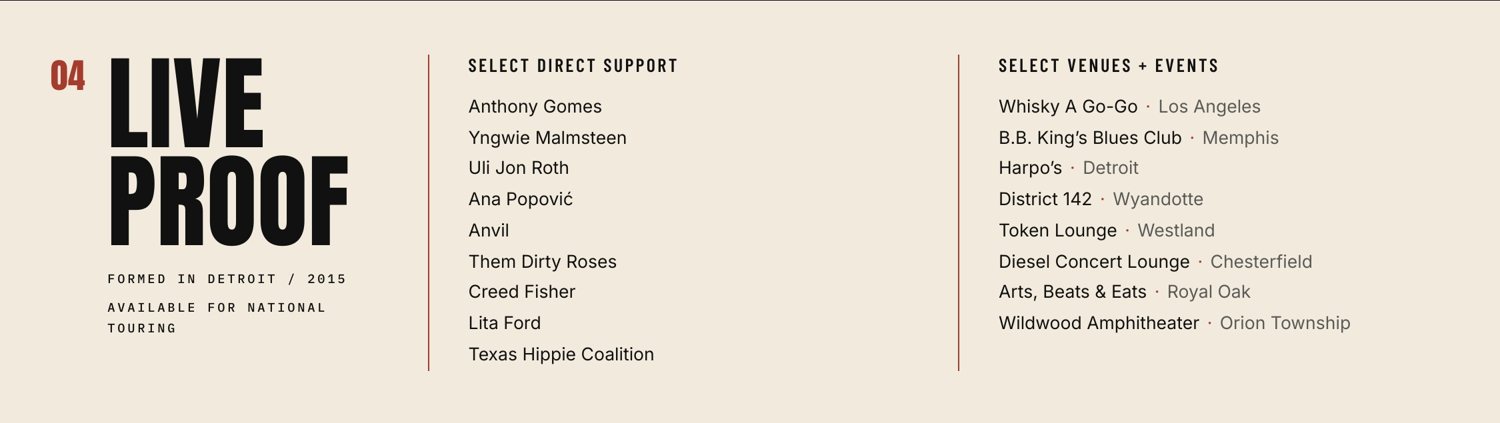 The Live Proof section of the final EPK: formed in Detroit in 2015, available for national touring, with selected direct-support appearances and select venues and events.
