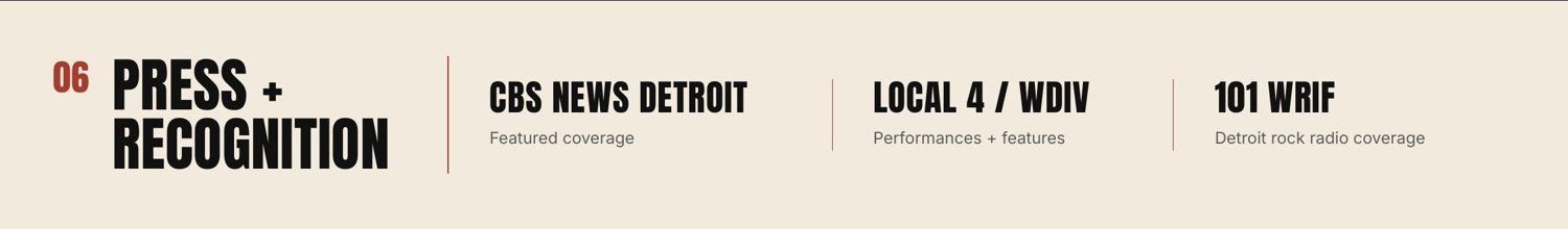 The Press and Recognition section of the final EPK, naming CBS News Detroit, Local 4 / WDIV and 101 WRIF.