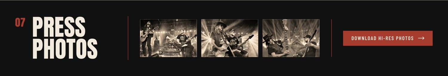 The Press Photos section of the final EPK, three live performance photographs and a button to download high-resolution photos.