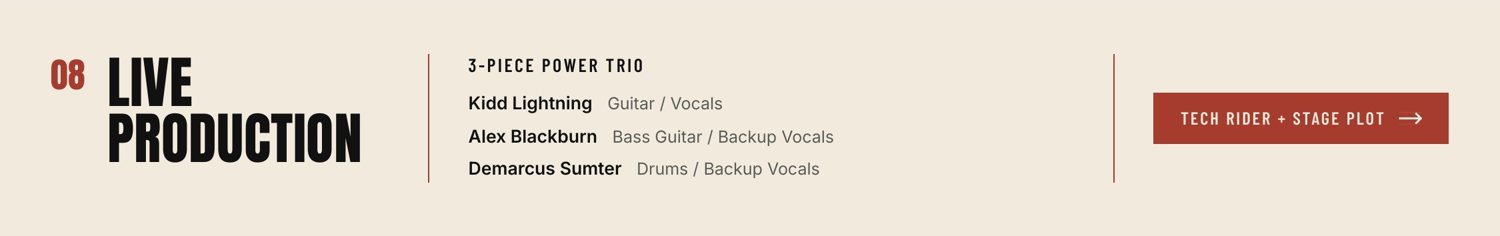 The Live Production section of the final EPK: a 3-piece power trio, the lineup, and a link to the tech rider and stage plot.