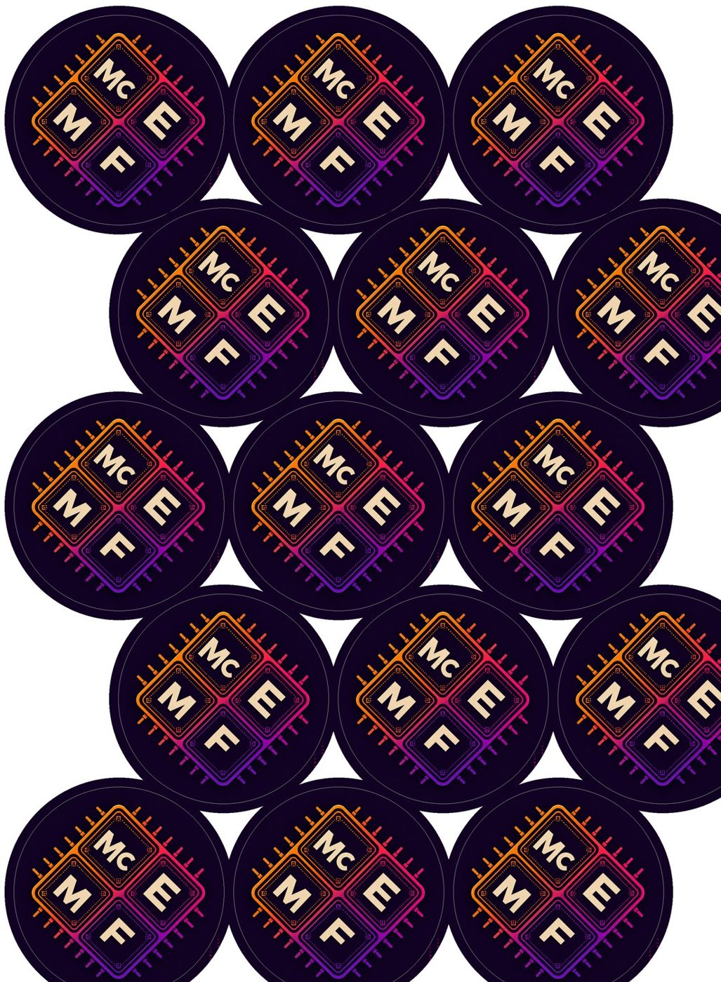 The full press sheet of MCEMF microchip-mark buttons as printed for production.