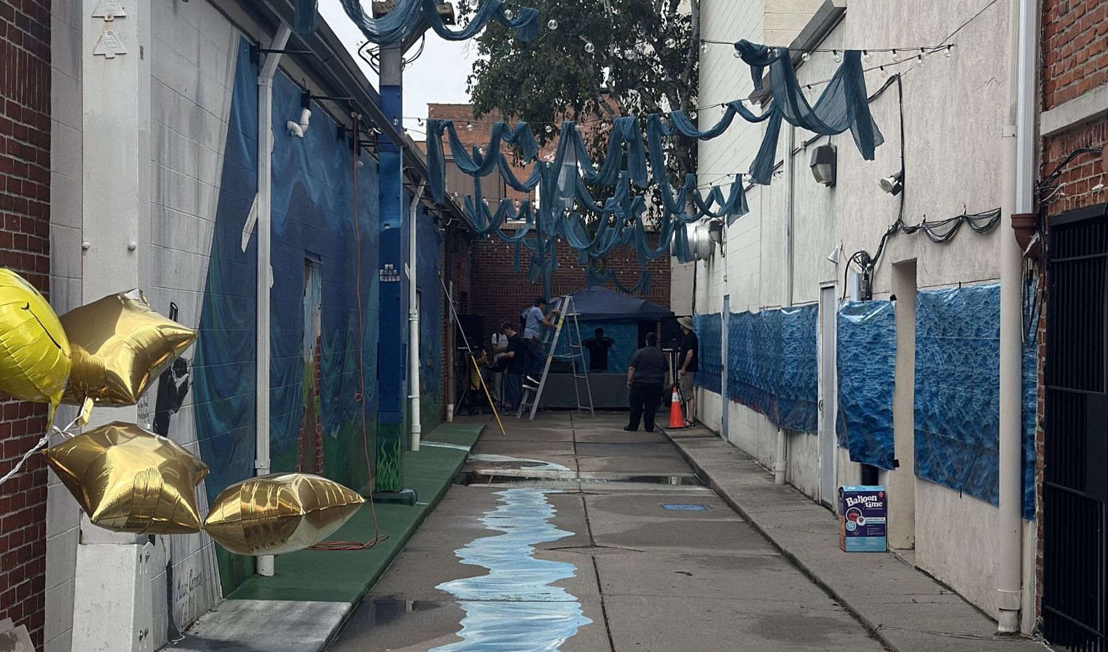 The Corridor, a downtown Mount Clemens passage transformed for MCEMF with draped color, string lighting and a painted river installation.