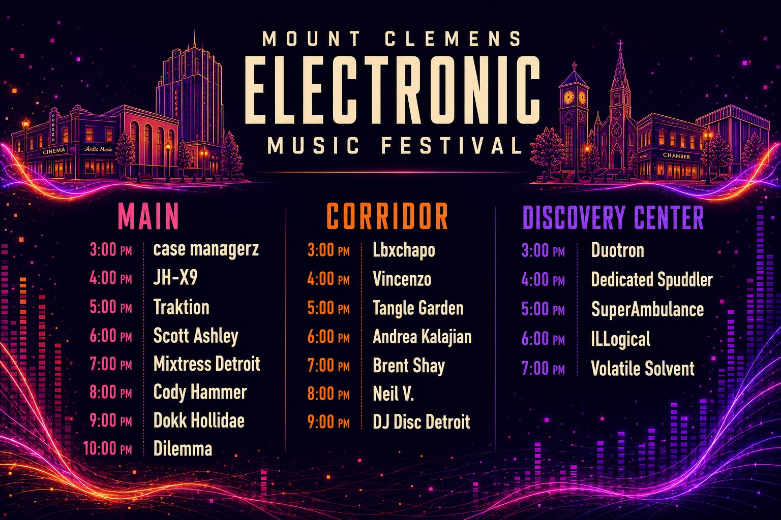 MCEMF lineup and schedule graphic.