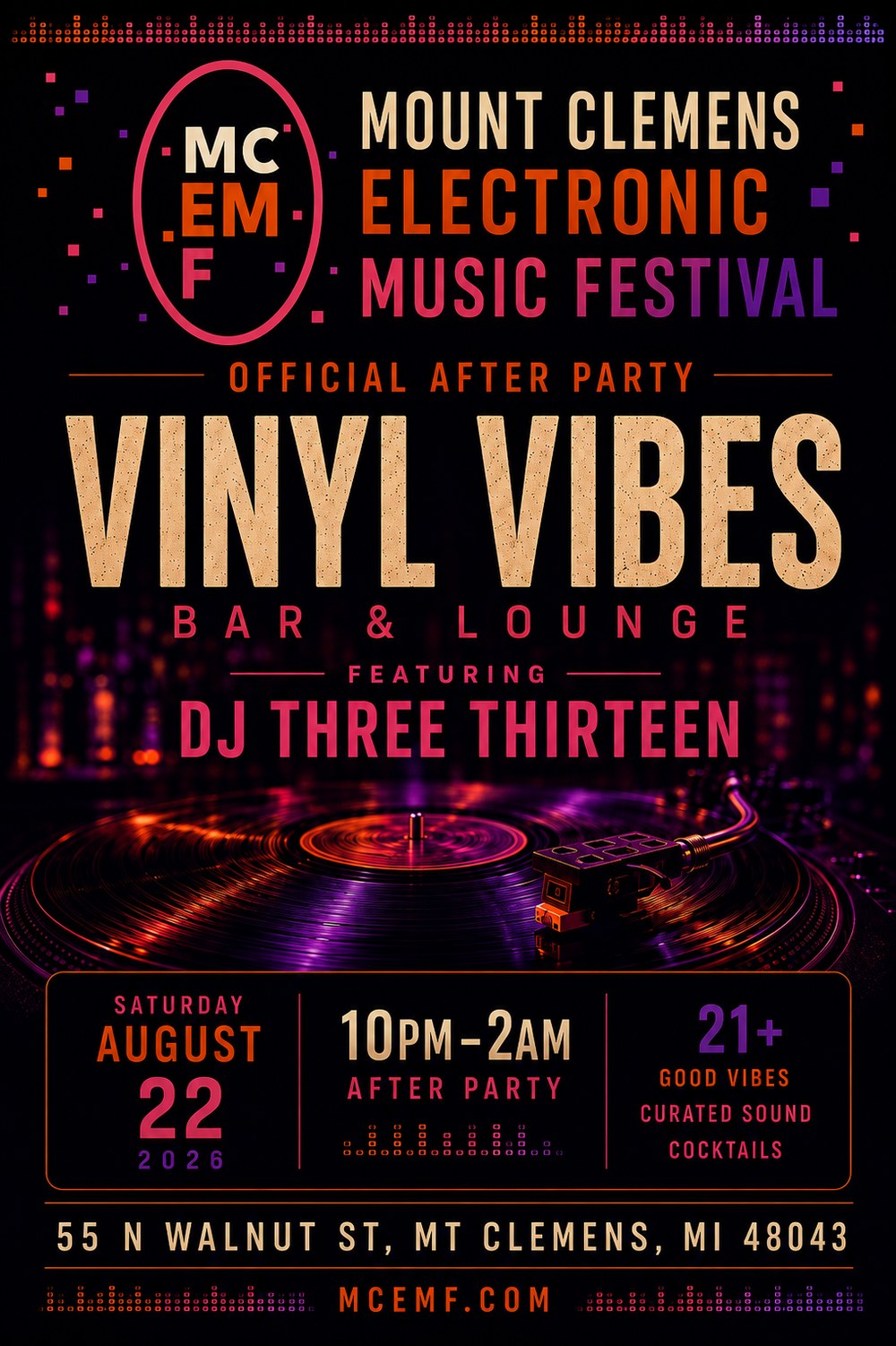 MCEMF official after-party promotional graphic for Vinyl Vibes Bar & Lounge.