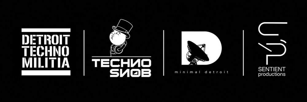 Partner logo lockup: Detroit Techno Militia, Techno Snob, Minimal Detroit, Sentient Productions.