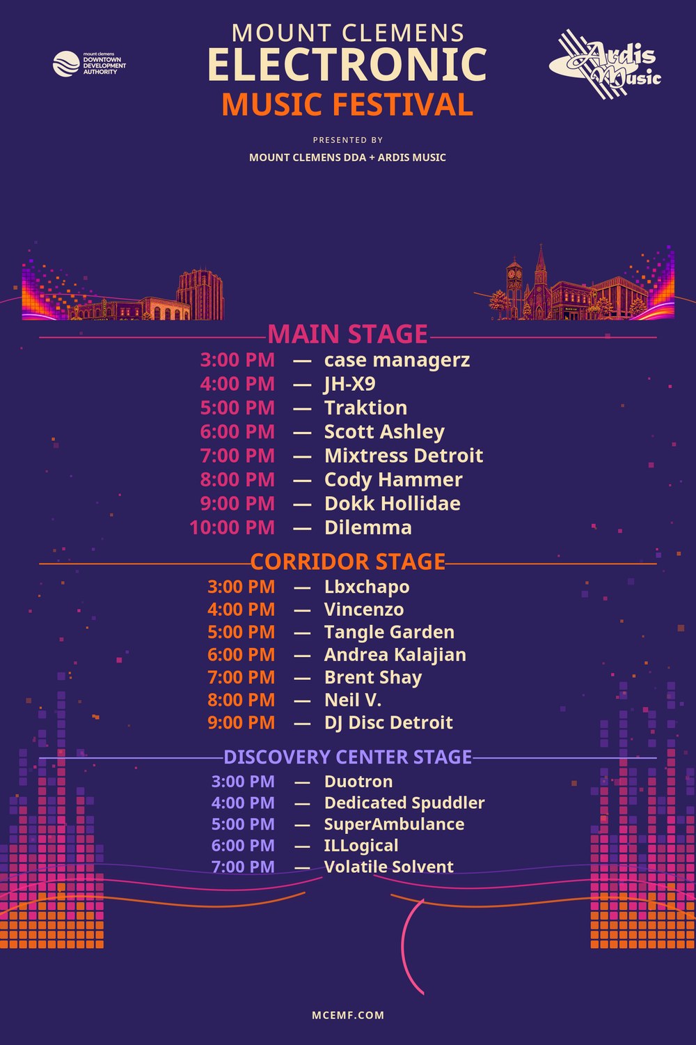 MCEMF sandwich board signage with full festival schedule by stage.