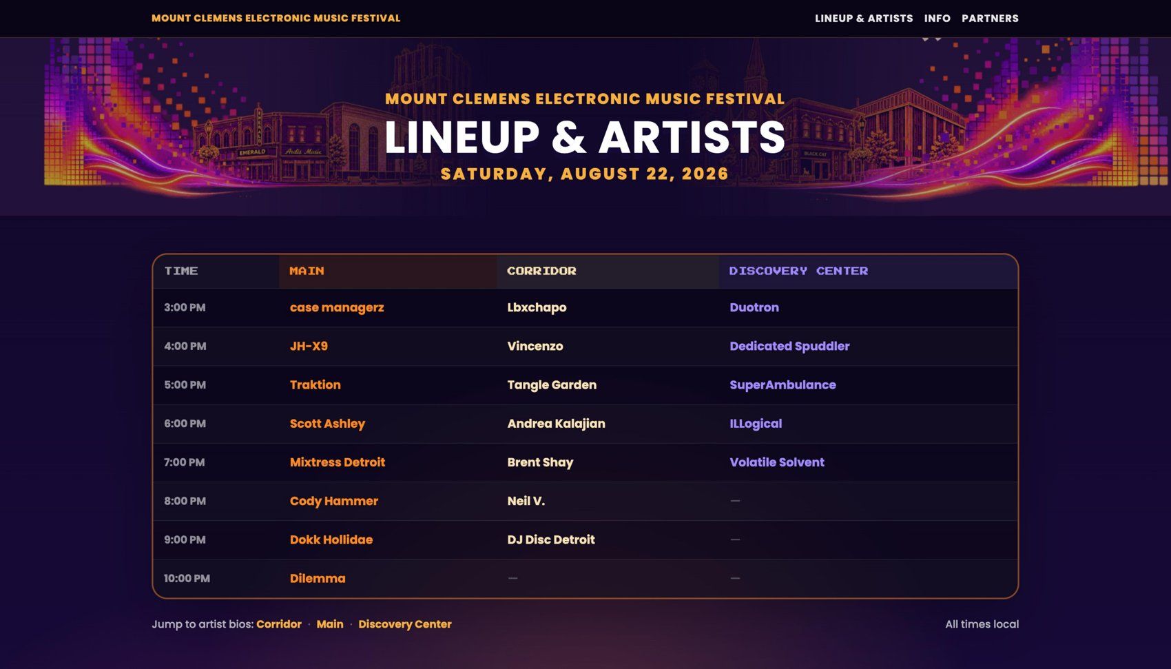 MCEMF.com Lineup & Artists page, showing the full Corridor, Main and Discovery Center stage schedule.