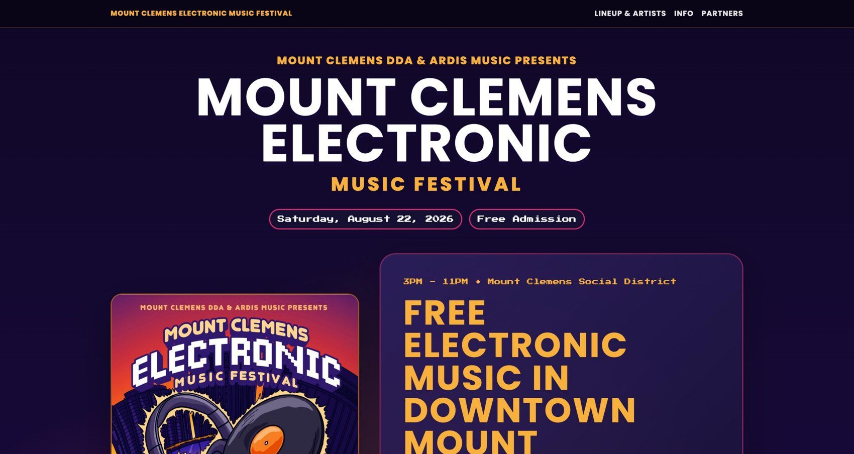 MCEMF.com desktop homepage, showing the festival hero, poster and the free electronic music festival announcement.