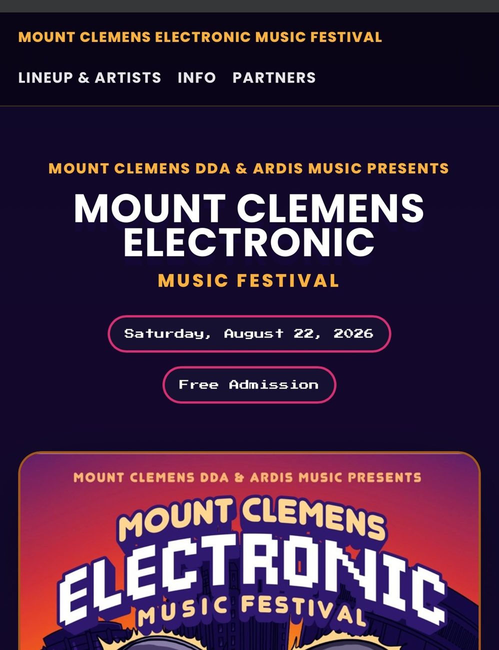 MCEMF.com mobile homepage, showing the festival hero and poster on a phone screen.